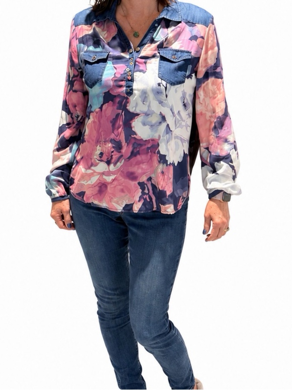 Desigual Women's floral blouse with Denim Trim and colourful buttons - Blue